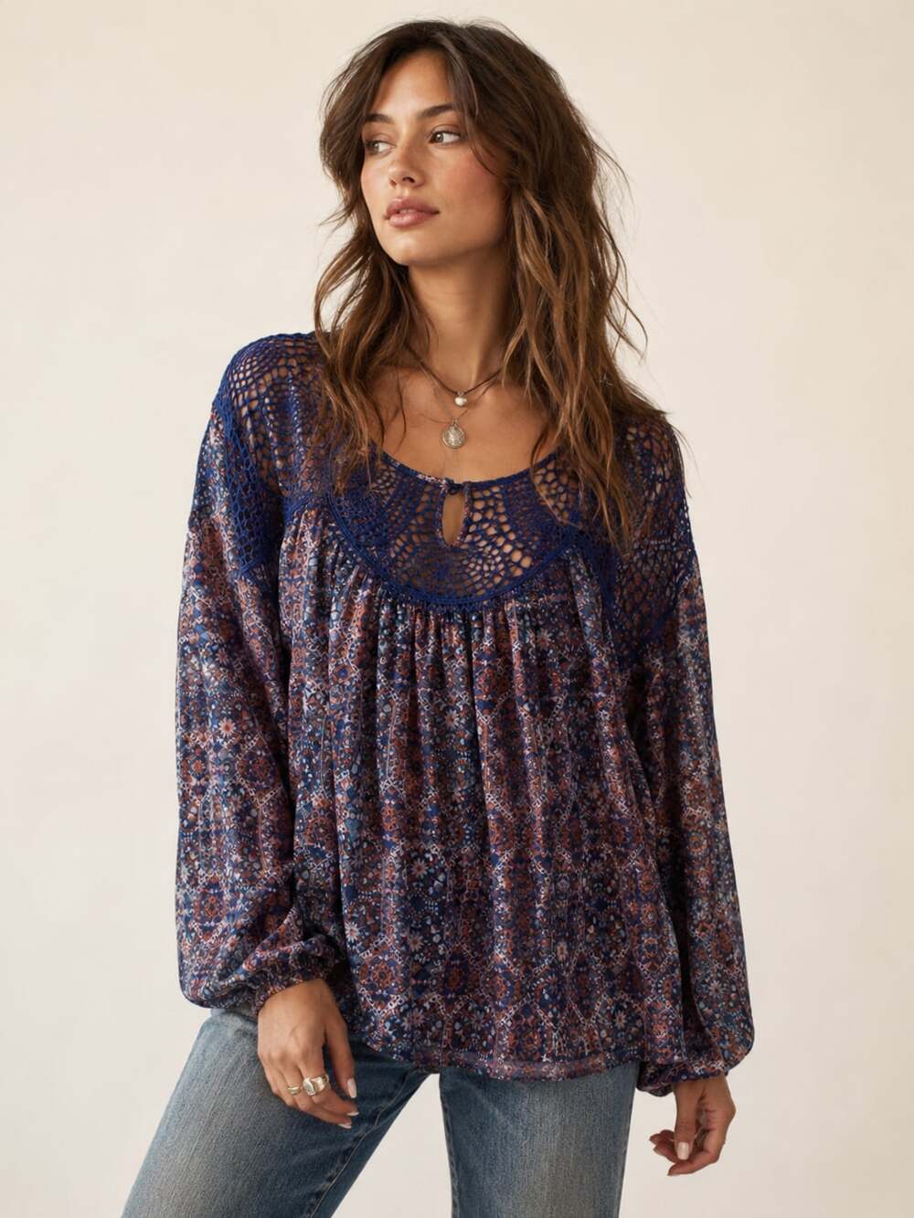 Vintage America Women's Boho Floral Print Crochet Trim Blouse Size L
